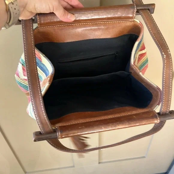 Vintage Boho Southwestern Textile Purse with Leather Trim Convertible Strap